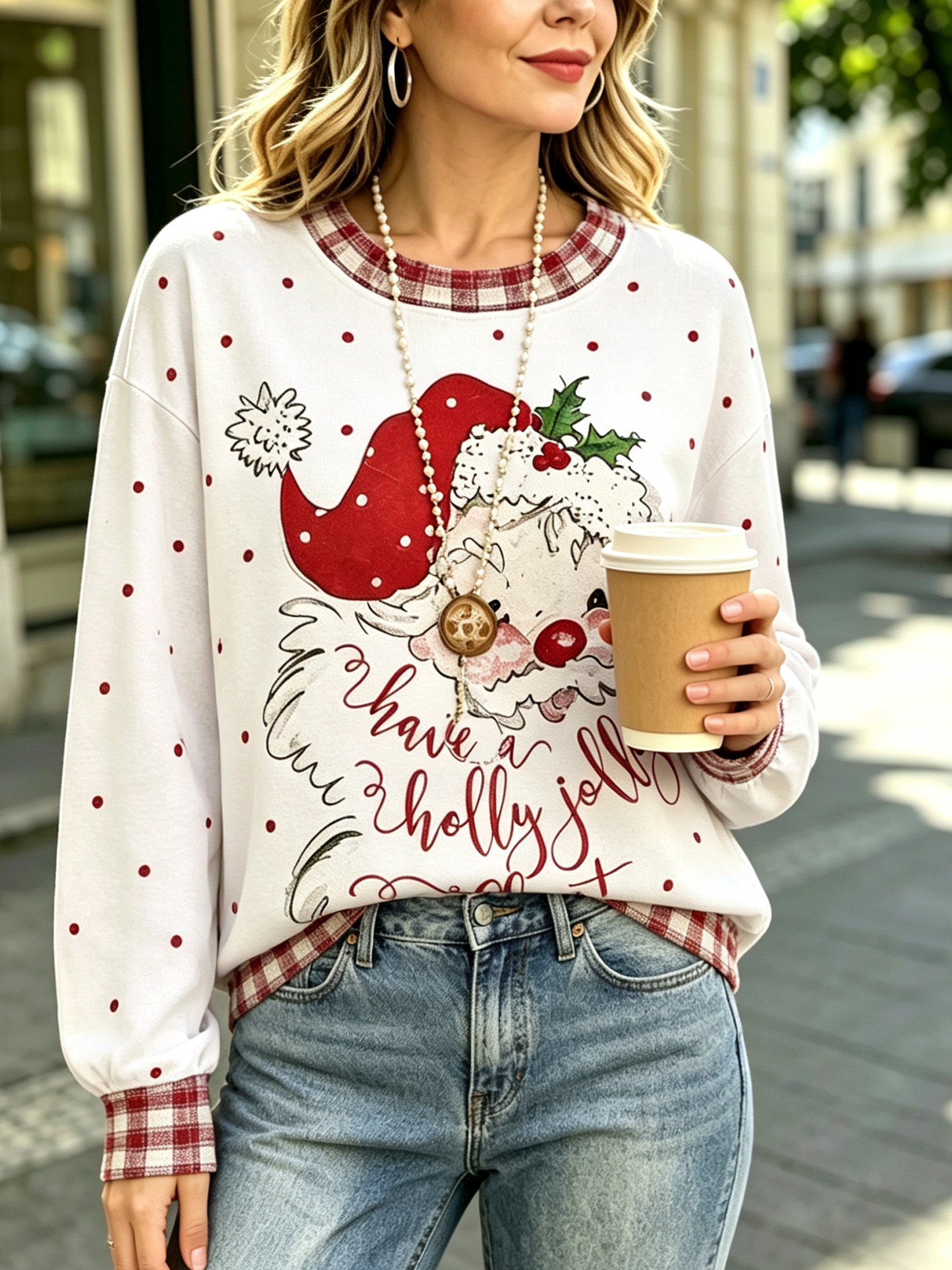 Santa Claus Plaid Trim Graphic Sweatshirt