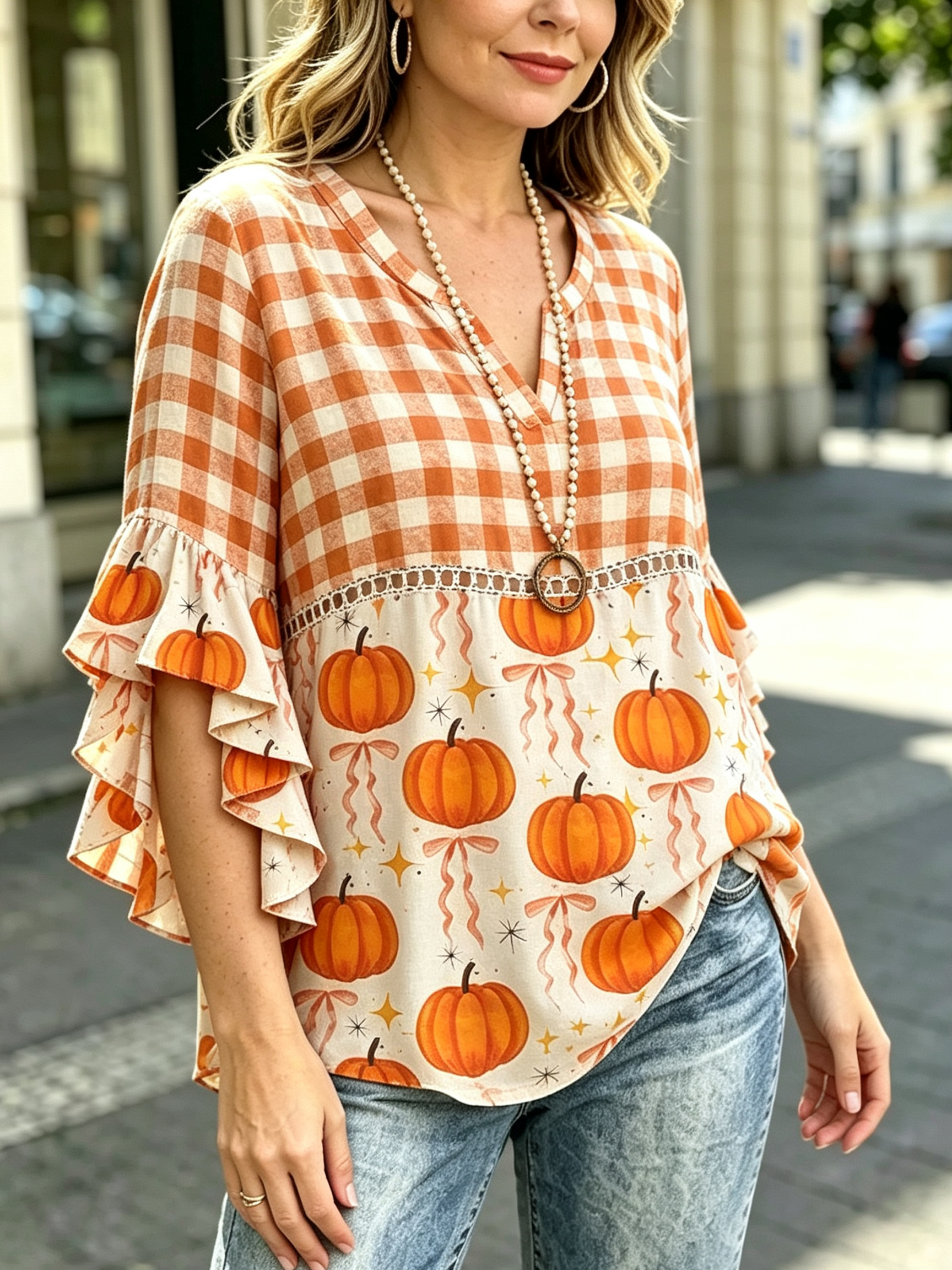 Fall Mixed Print Pumpkin Gingham Tiered Ruffle Sleeve Top