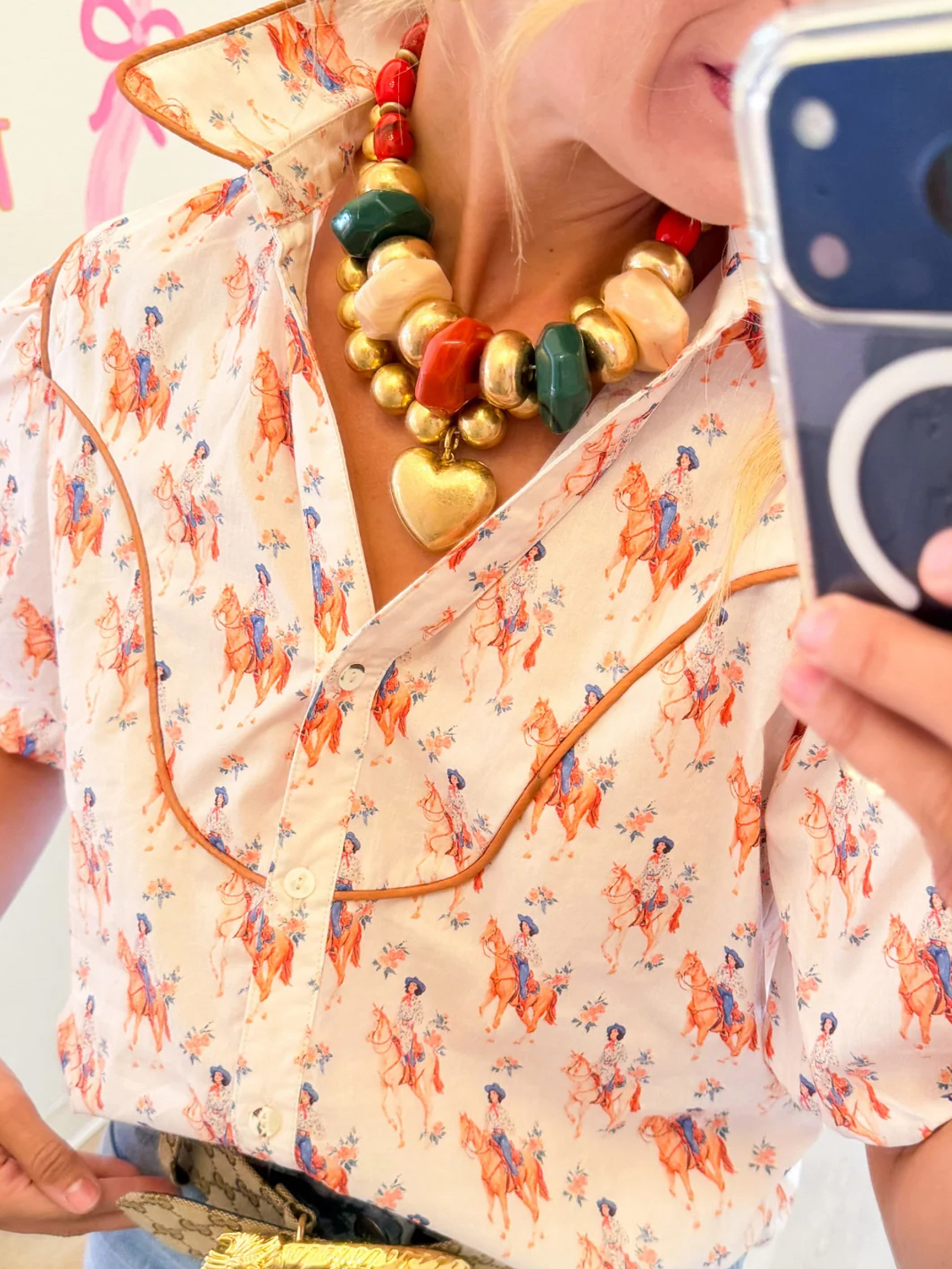 Equestrian Print Button-Front Western Blouse with Puffed Sleeves