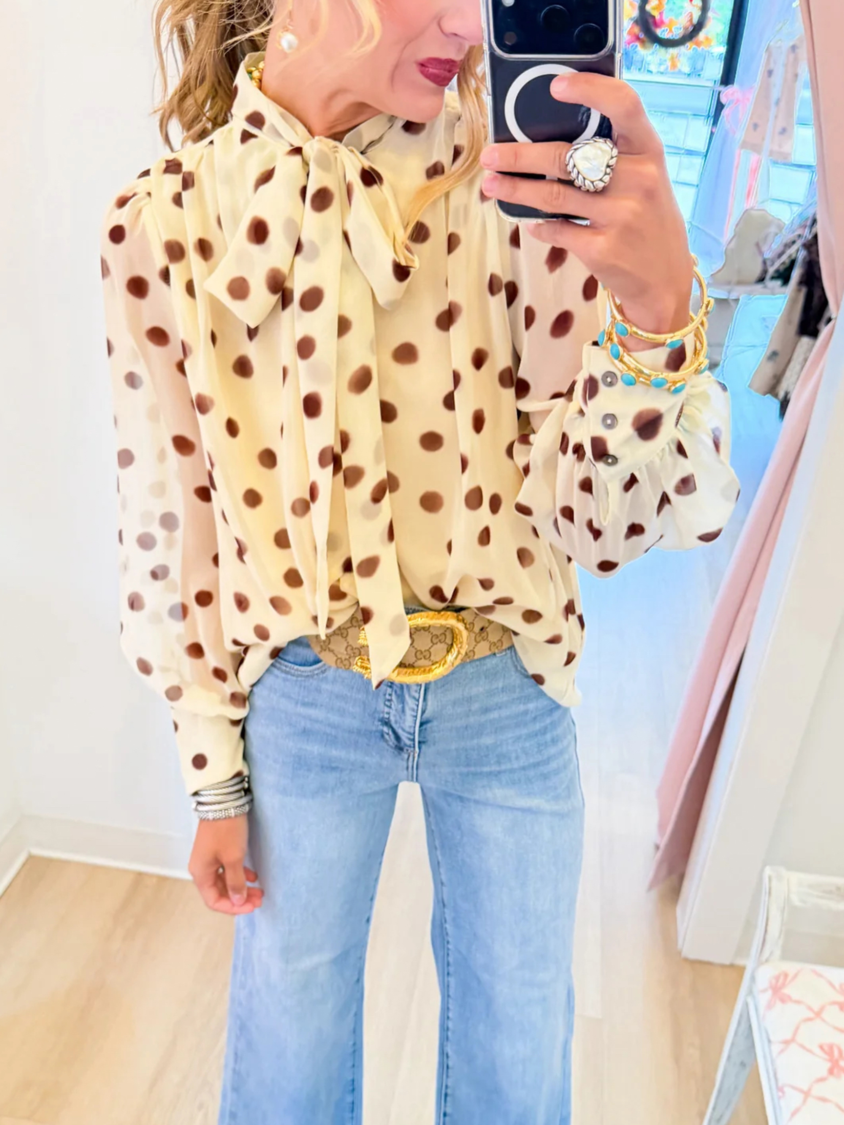 Vintage-Inspired Polka Dot Pussy-Bow Tie Sheer Blouse