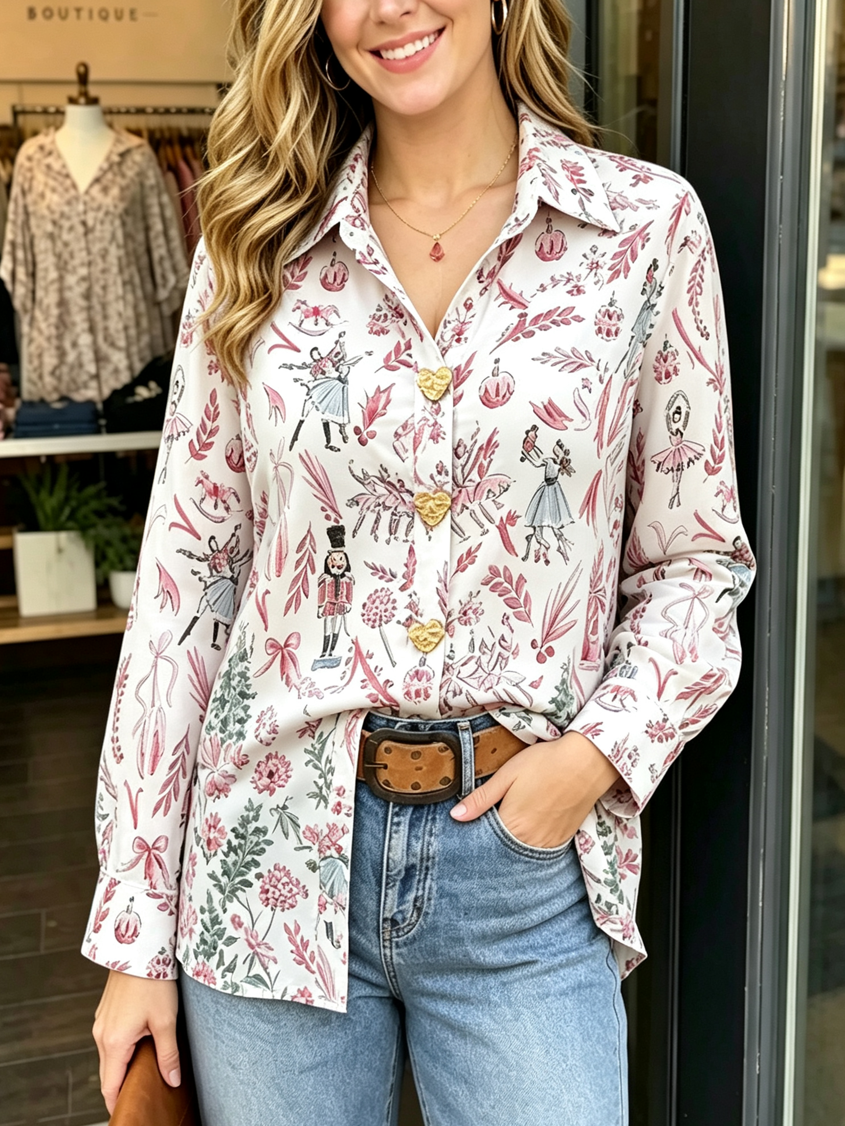 Nutcracker Ballet Printed Blouse with Golden Heart Buttons