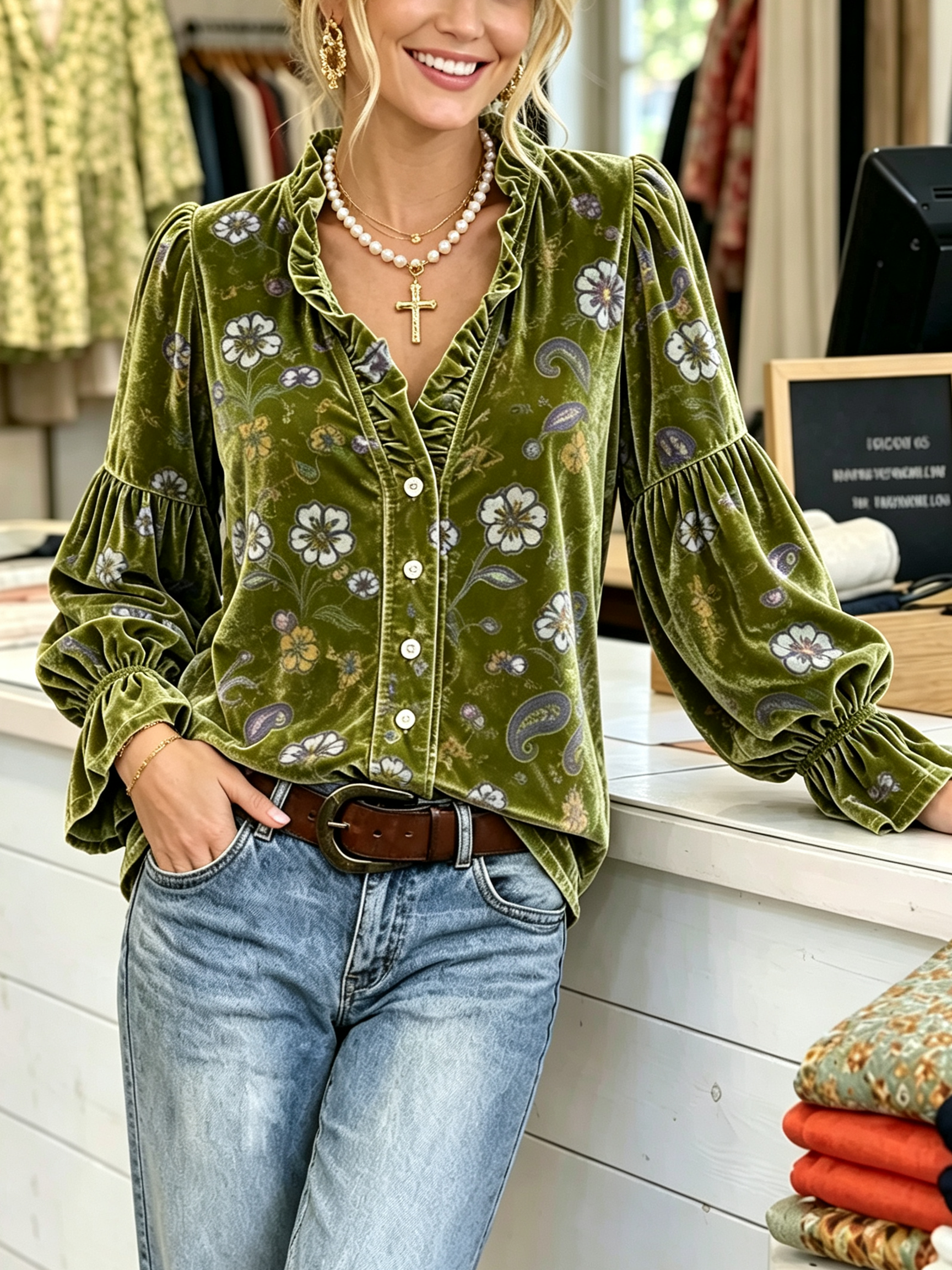 Vintage Floral Woven Velvet Blouse