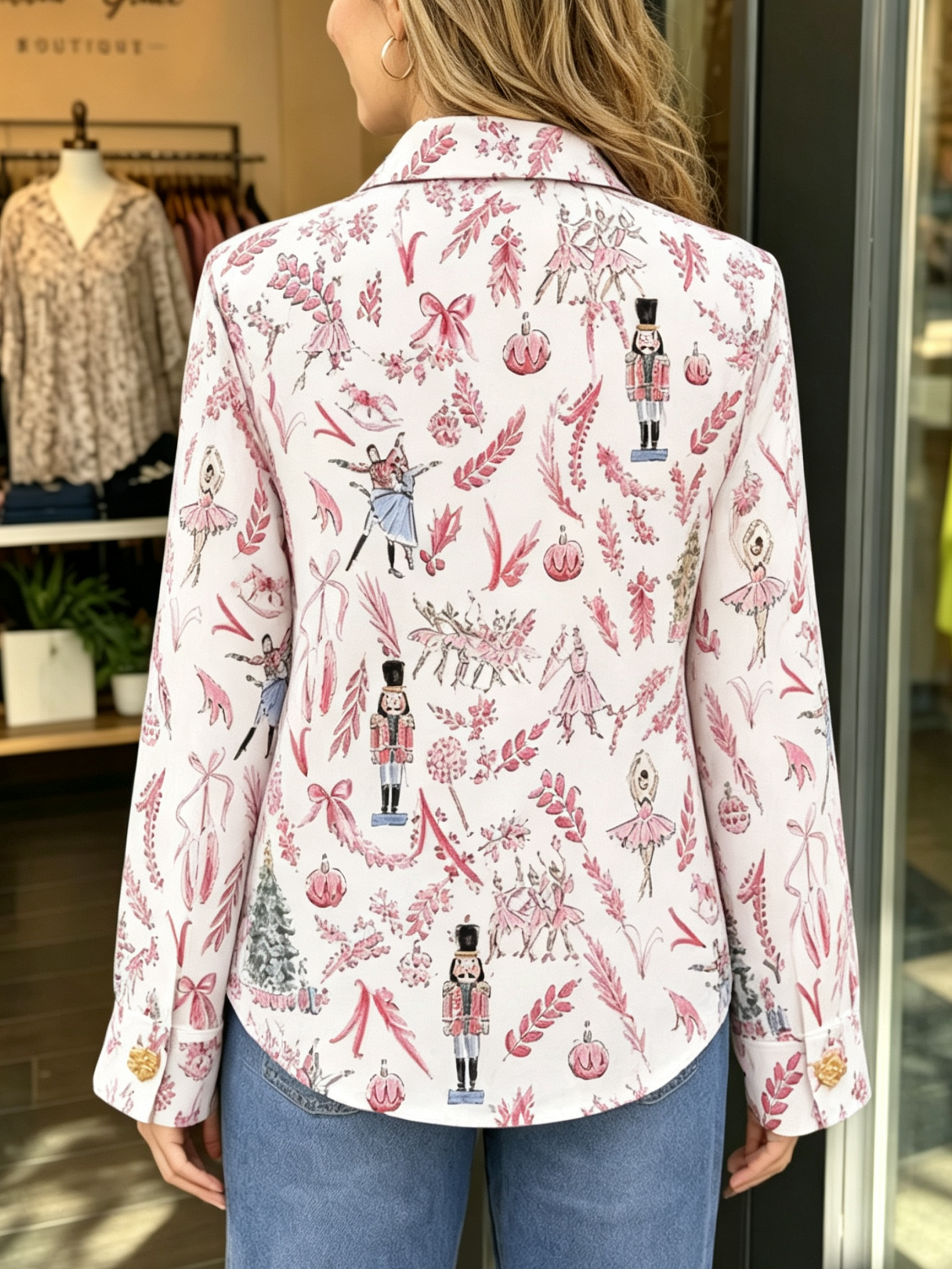 Nutcracker Ballet Printed Blouse with Golden Heart Buttons