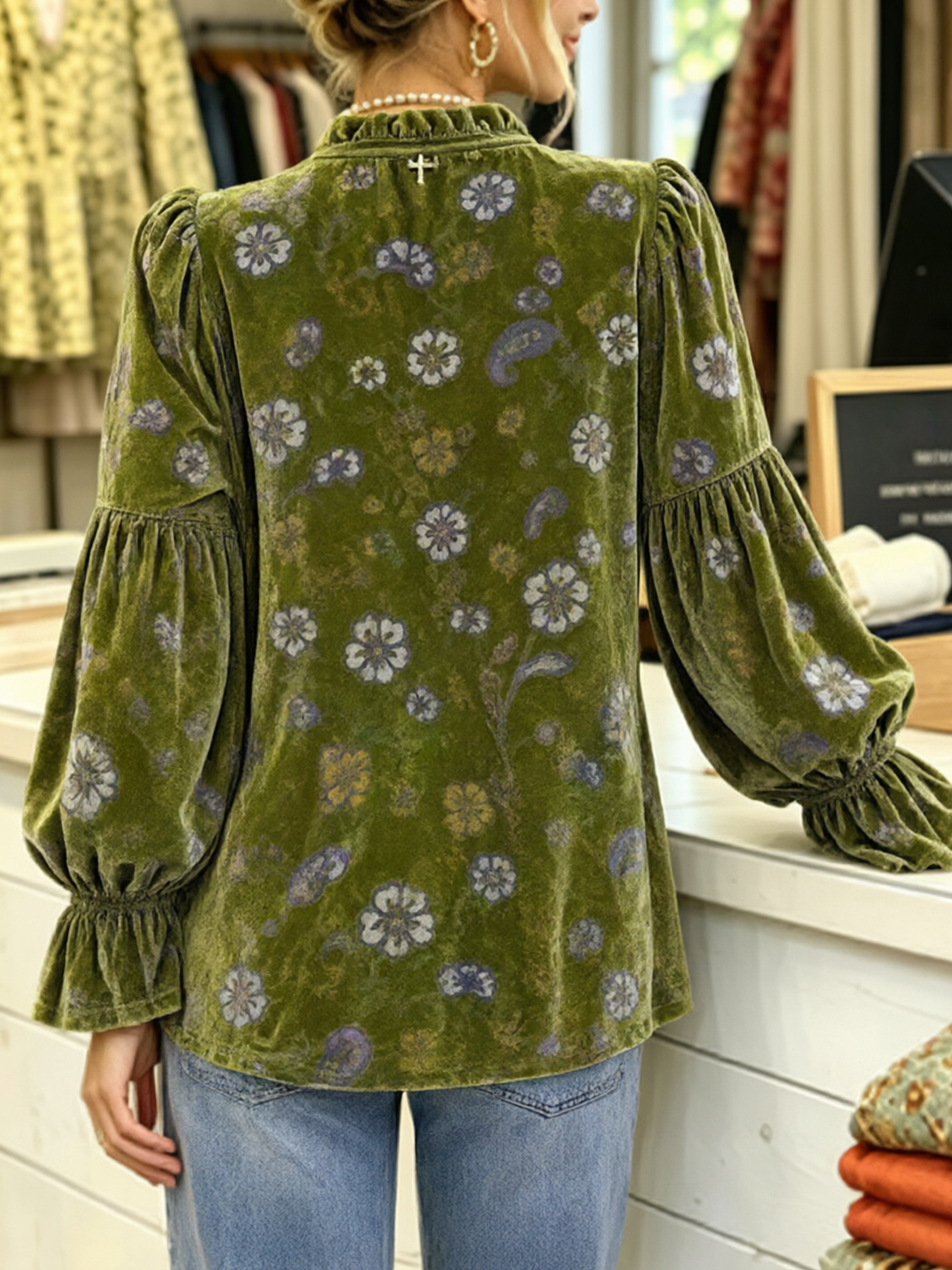 Vintage Floral Woven Velvet Blouse