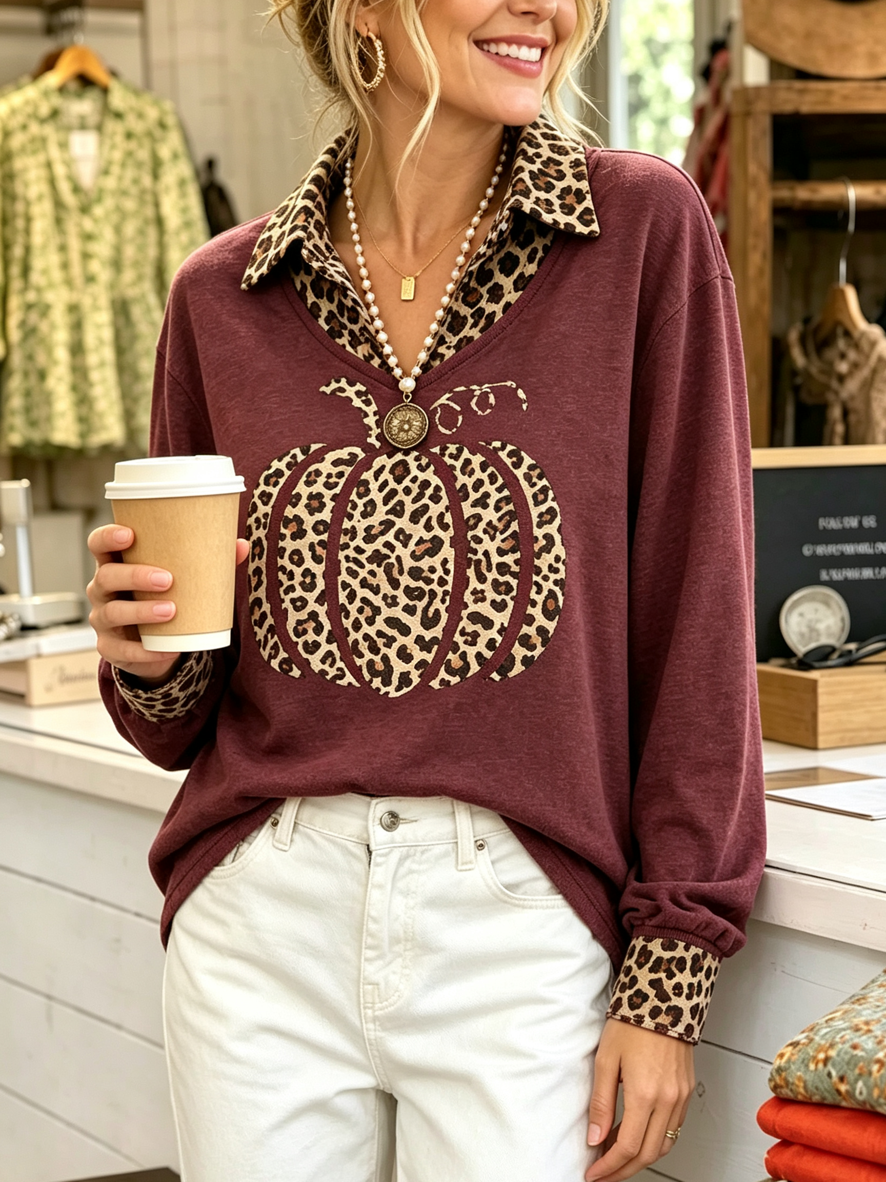 Leopard Pumpkin Patch Knit Top