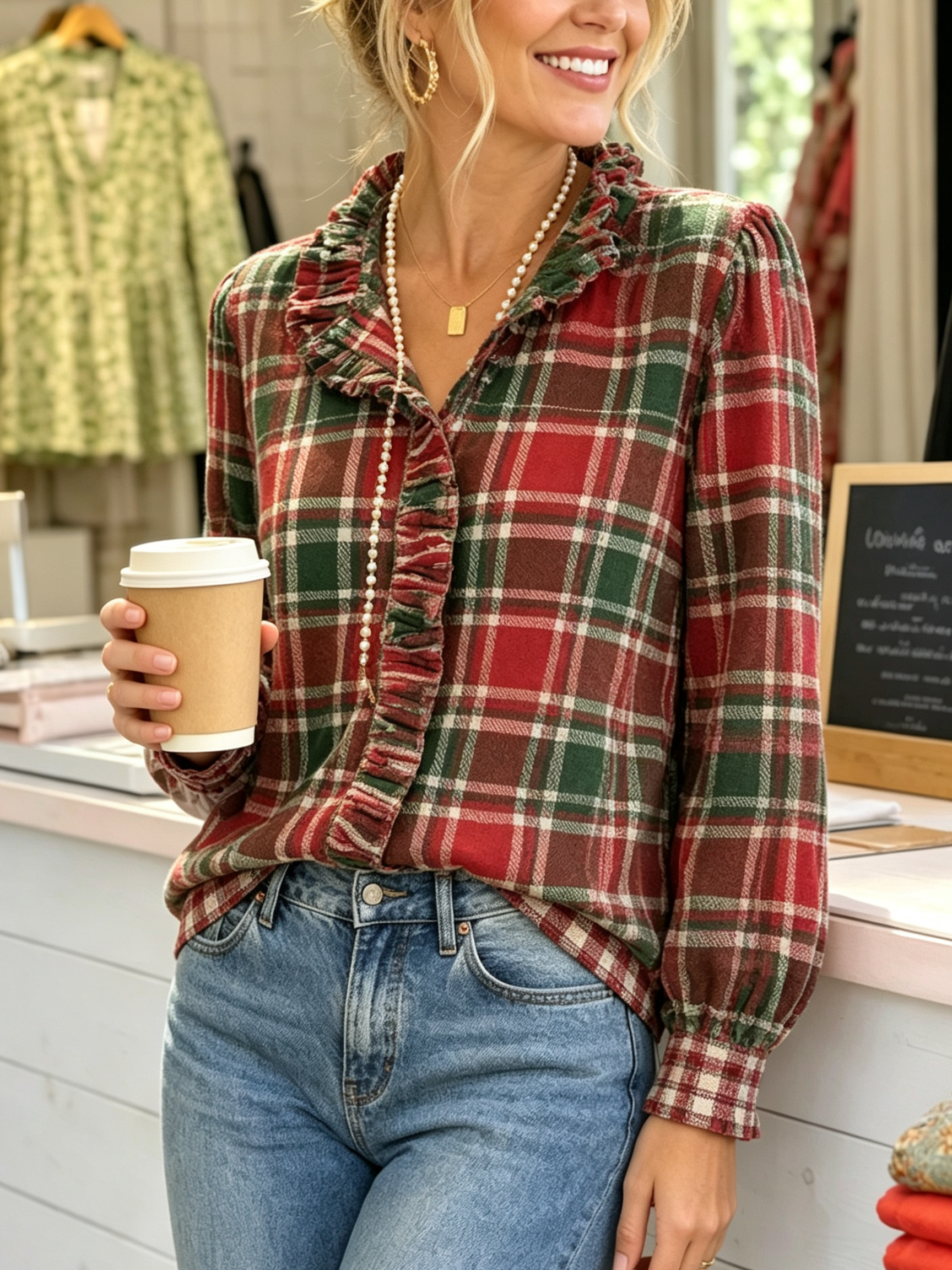 Holiday shirt with lotus-leaf edge and plaid pattern, long-sleeved