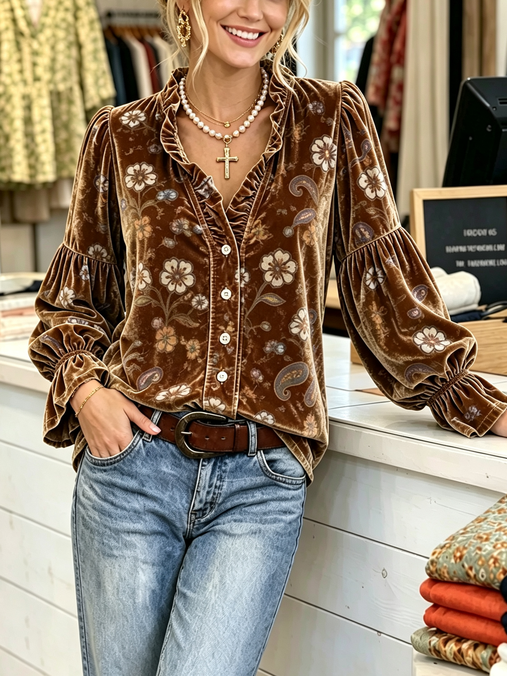 Vintage Floral Woven Velvet Blouse
