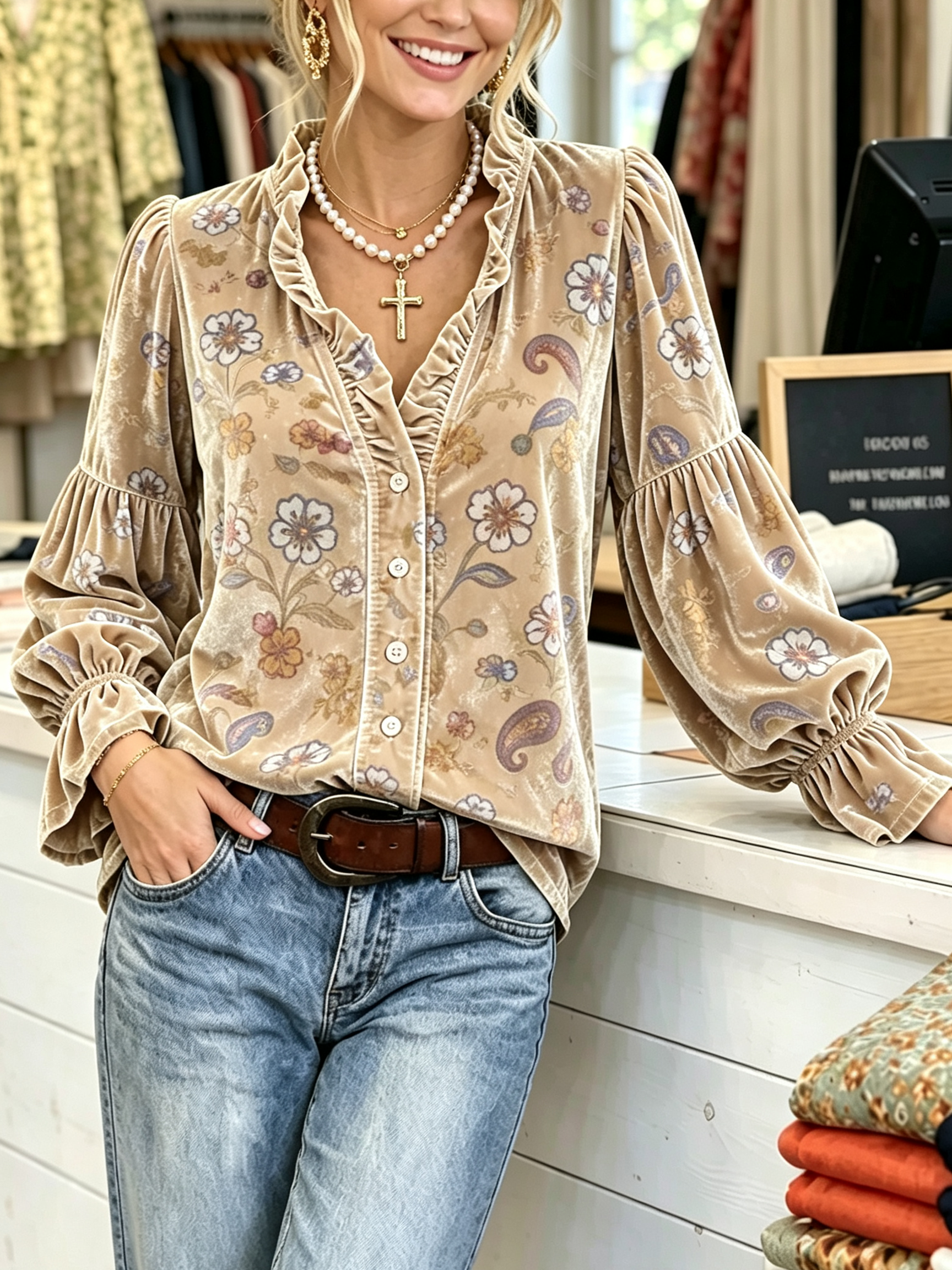 Vintage Floral Woven Velvet Blouse