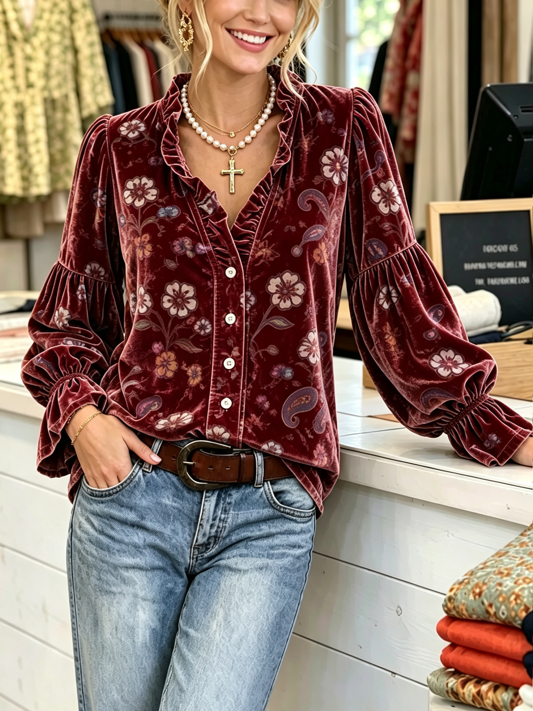 Vintage Floral Woven Velvet Blouse
