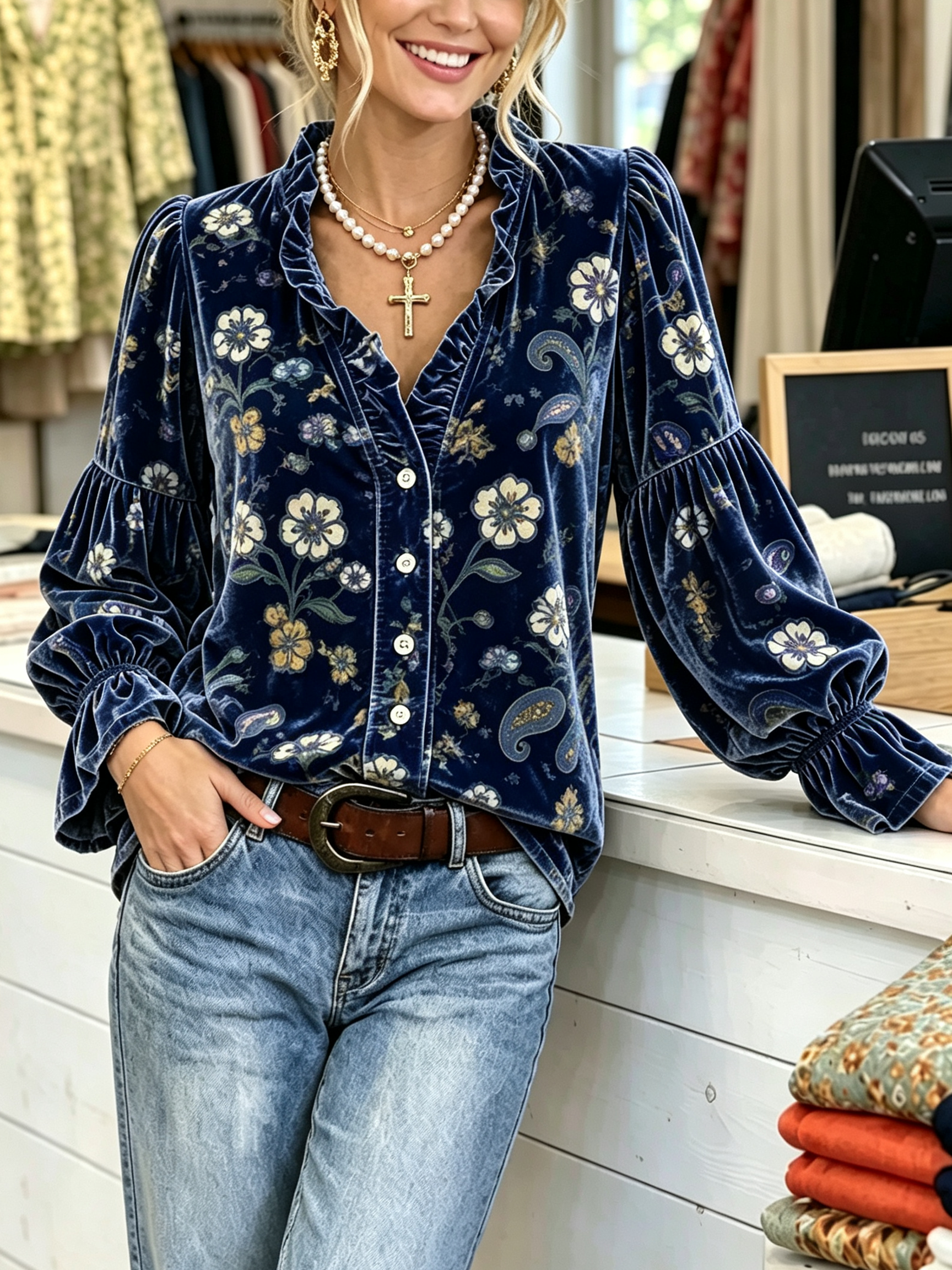 Vintage Floral Woven Velvet Blouse