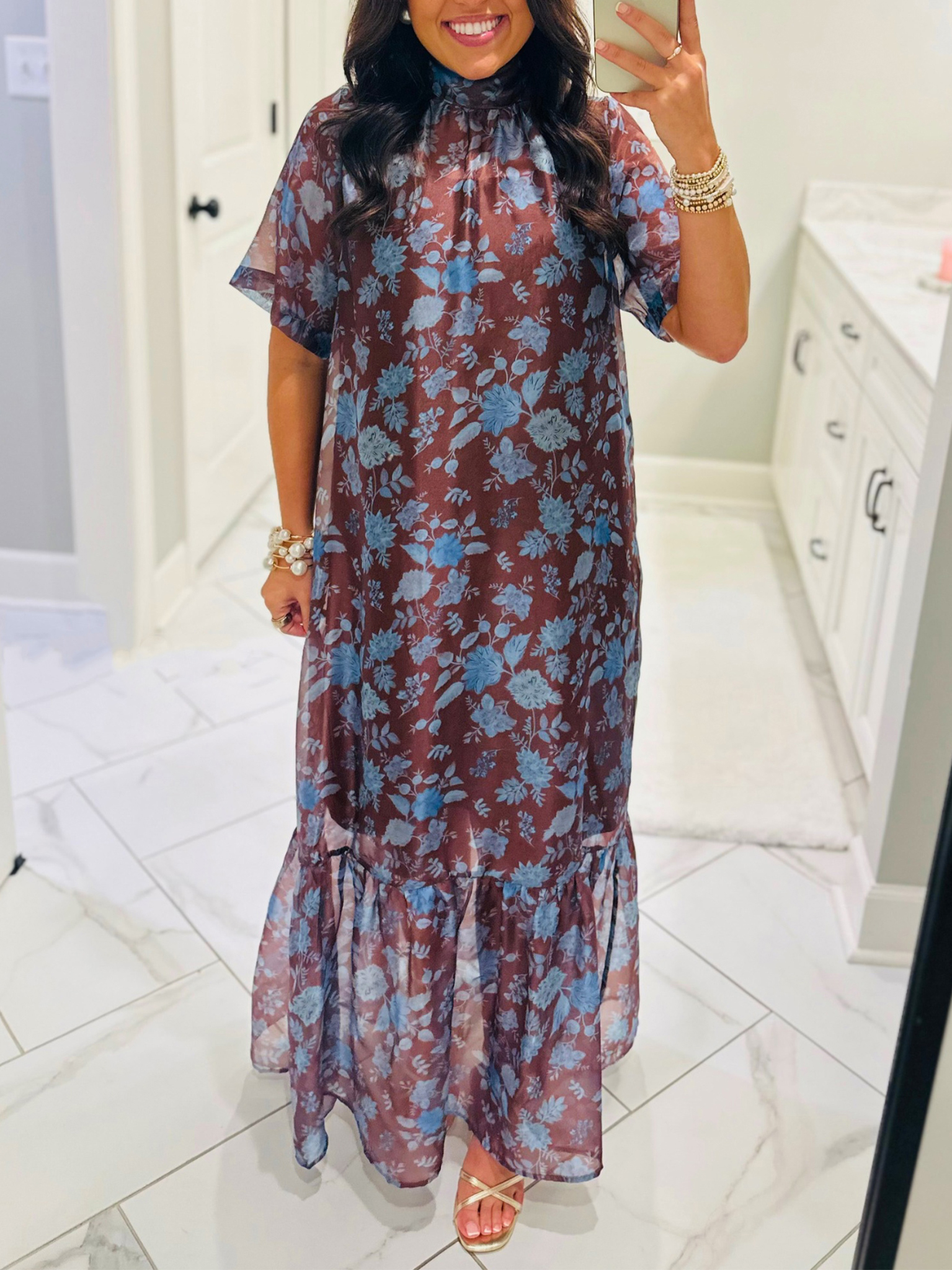 Light blue floral print, layered midi skirt and black spaghetti strap top set