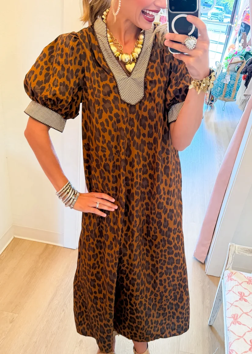 Retro Leopard Print Midi Dress with Contrast Gingham Detail