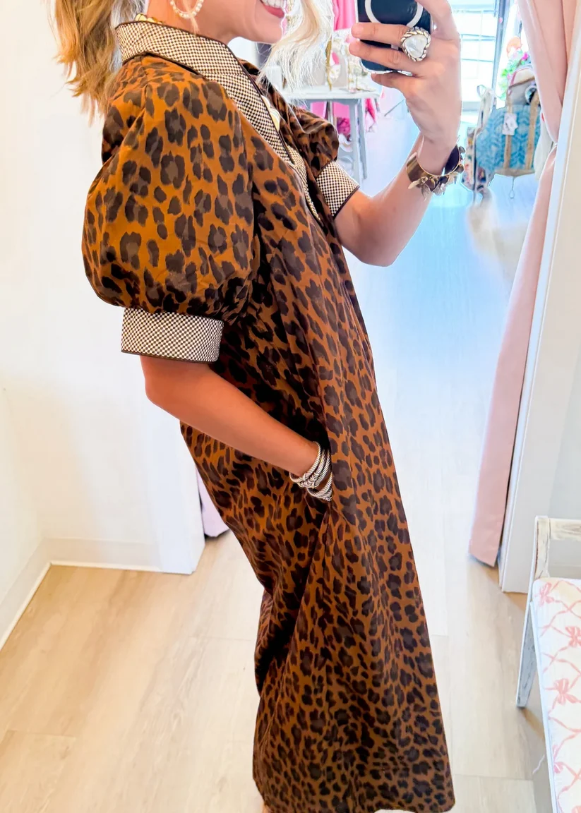 Retro Leopard Print Midi Dress with Contrast Gingham Detail
