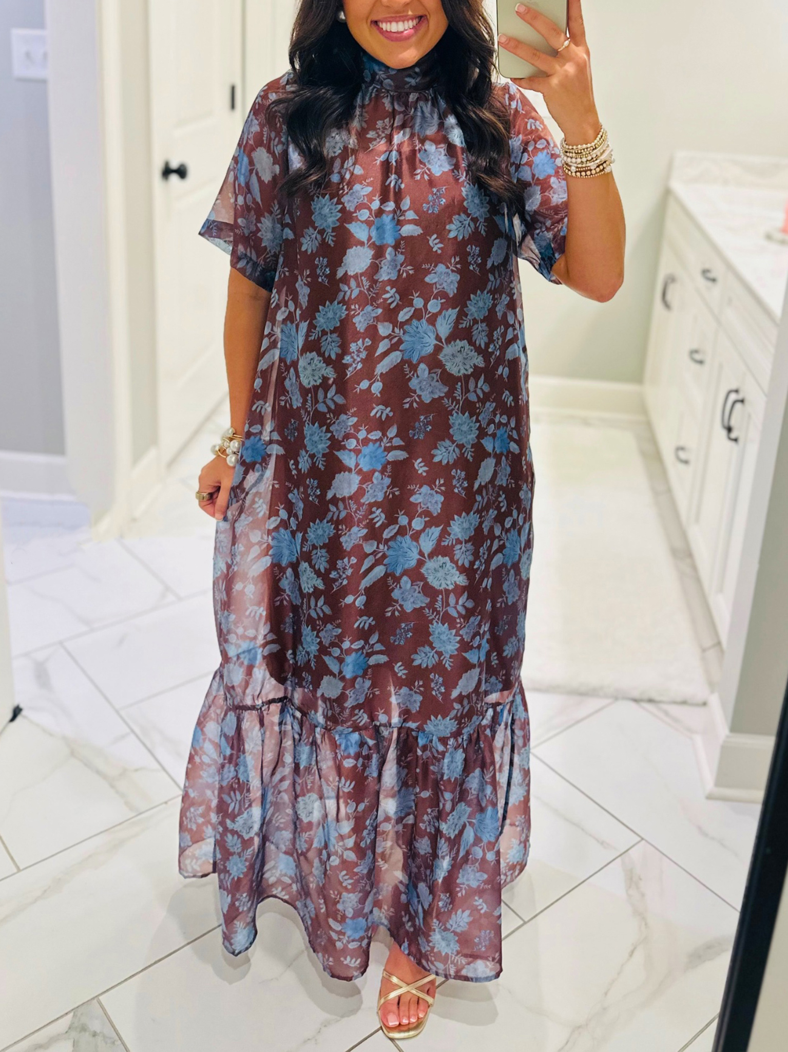 Light blue floral print, layered midi skirt and black spaghetti strap top set