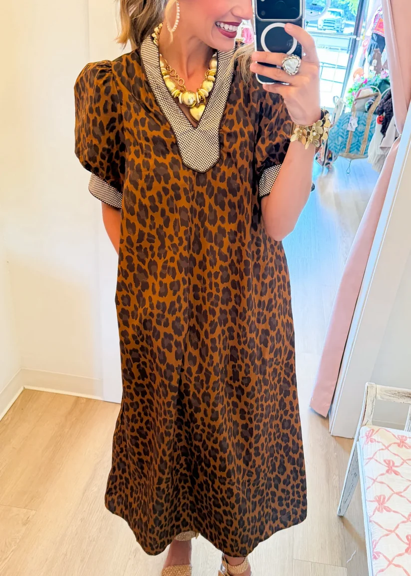 Retro Leopard Print Midi Dress with Contrast Gingham Detail