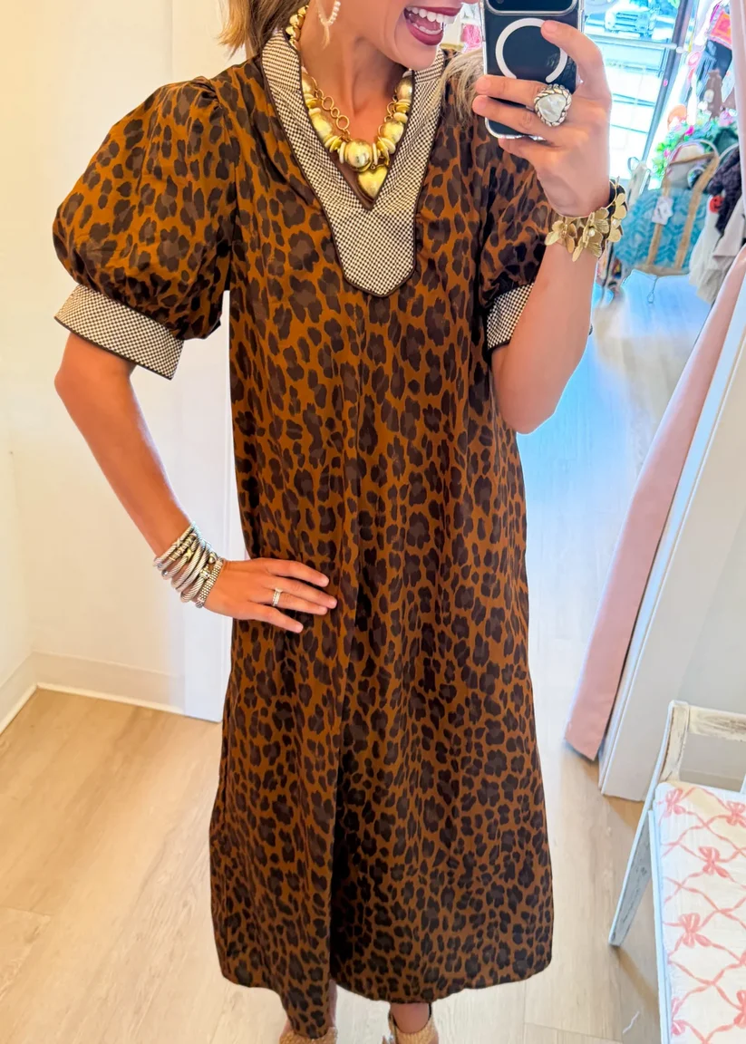 Retro Leopard Print Midi Dress with Contrast Gingham Detail