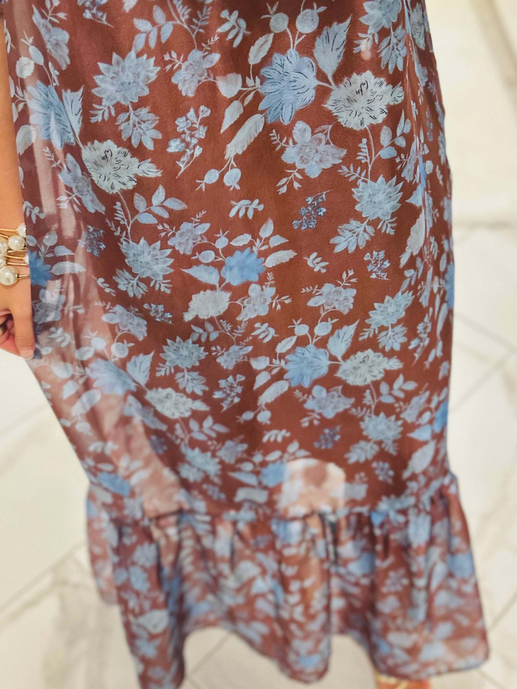 Light blue floral print, layered midi skirt and black spaghetti strap top set