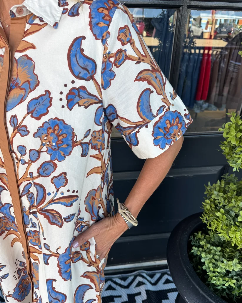Artistic Floral Print Relaxed Fit Midi Shirt dress