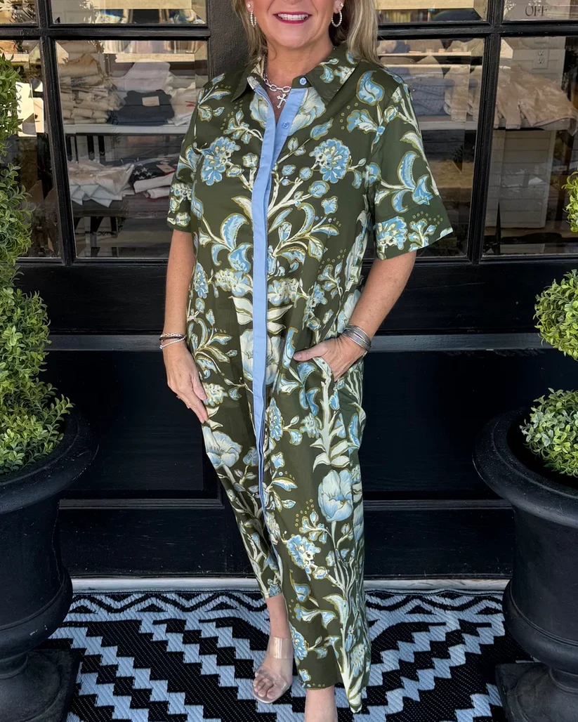 Artistic Floral Print Relaxed Fit Midi Shirt dress