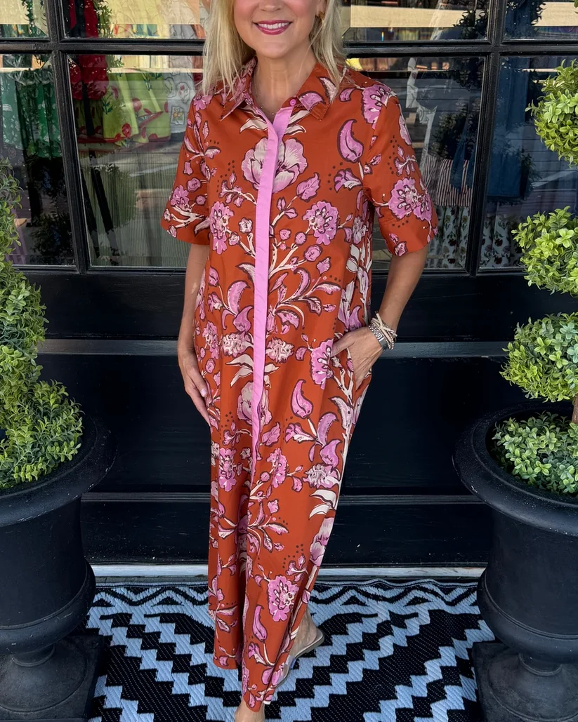 Artistic Floral Print Relaxed Fit Midi Shirt dress