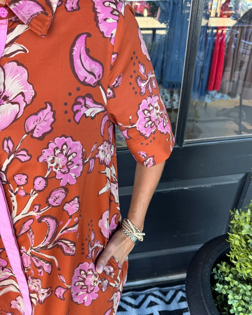 Artistic Floral Print Relaxed Fit Midi Shirt dress