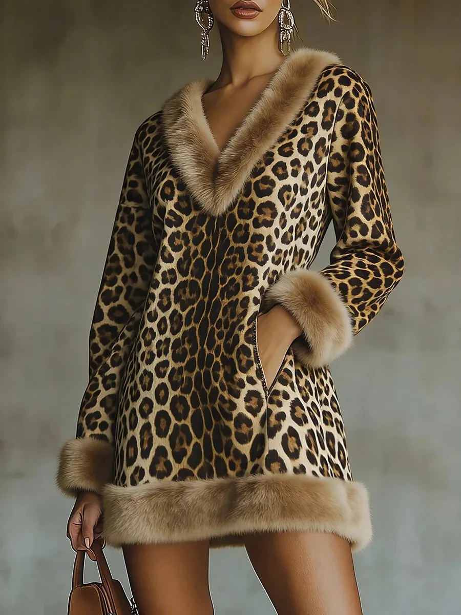 Faux Fur Trim Leopard Knit long sleeve Mini Dress