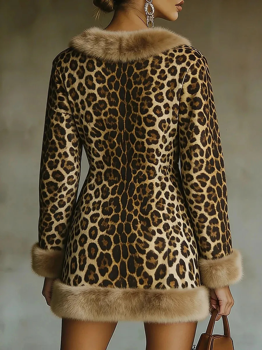 Faux Fur Trim Leopard Knit long sleeve Mini Dress