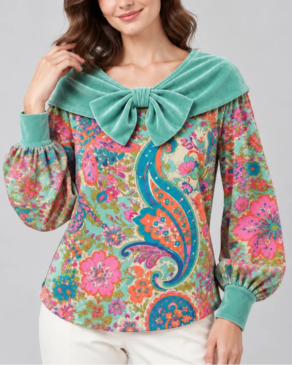 Velvet Collar Floral & Paisley Print Blouse