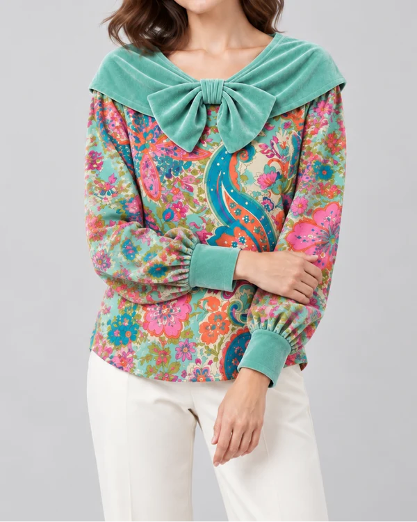 Velvet Collar Floral & Paisley Print Blouse