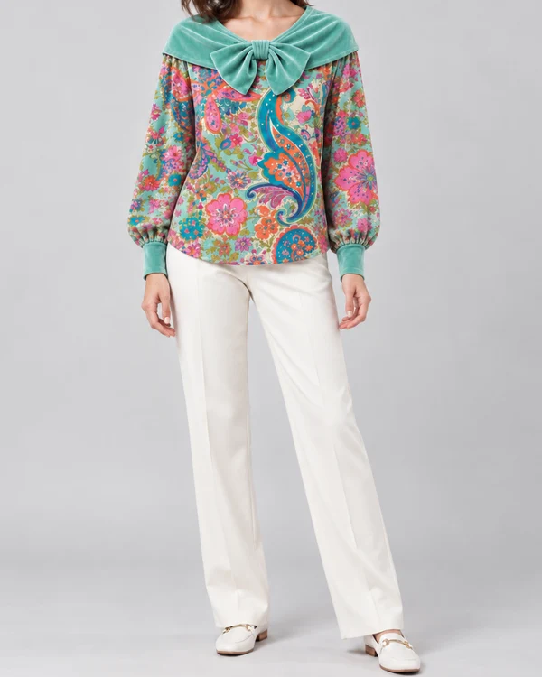 Velvet Collar Floral & Paisley Print Blouse