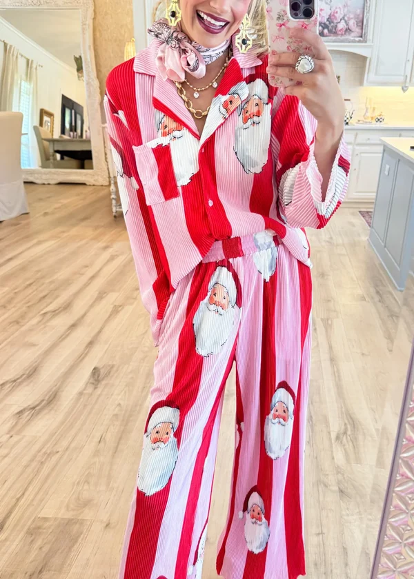 Festive Santa Claus & Red Stripe Button-Down Woven Co-ord Set