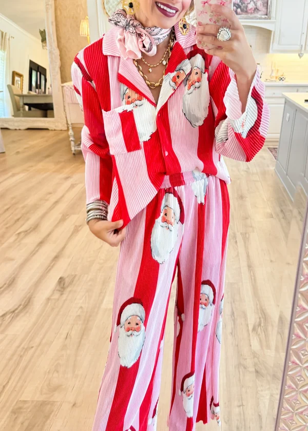 Festive Santa Claus & Red Stripe Button-Down Woven Co-ord Set