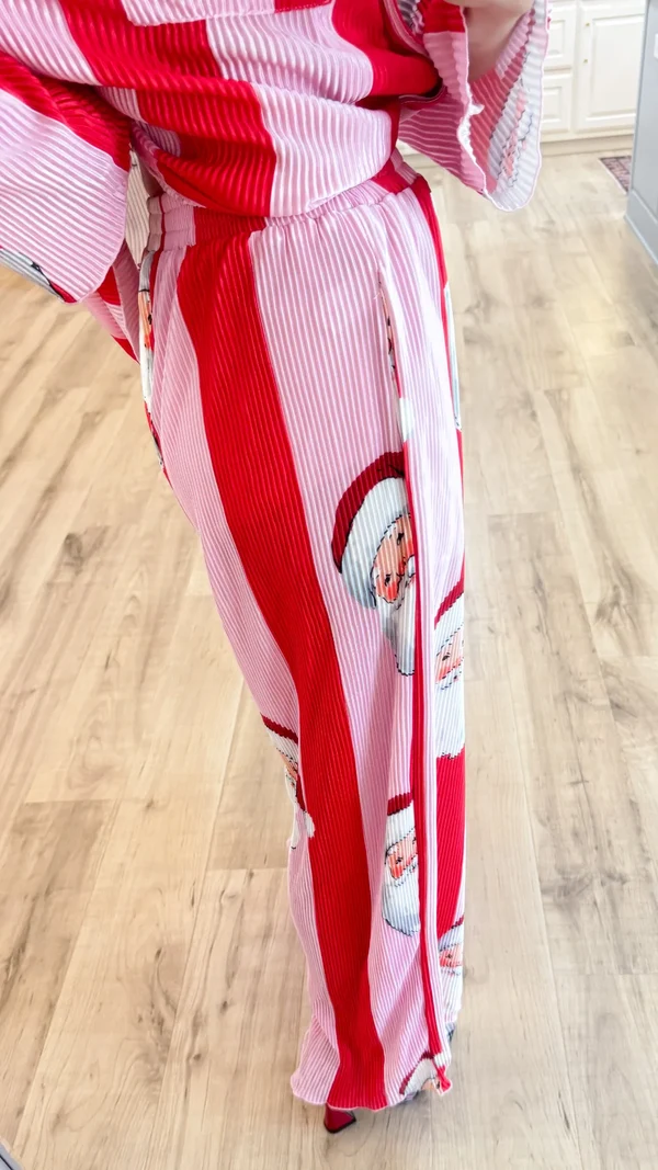 Festive Santa Claus & Red Stripe Button-Down Woven Co-ord Set