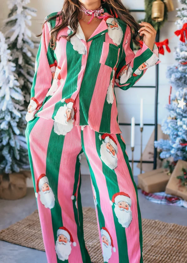 Festive Santa Claus & Red Stripe Button-Down Woven Co-ord Set