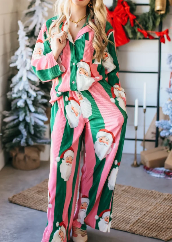Festive Santa Claus & Red Stripe Button-Down Woven Co-ord Set
