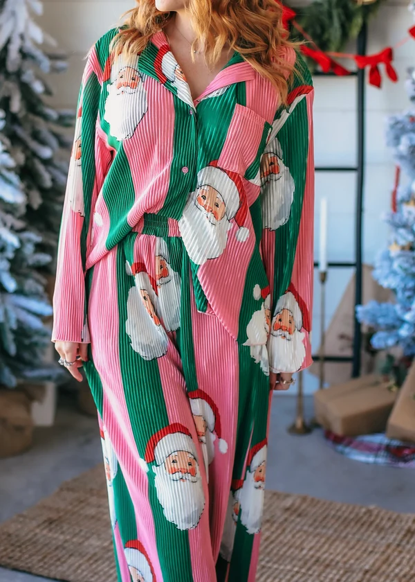 Festive Santa Claus & Red Stripe Button-Down Woven Co-ord Set