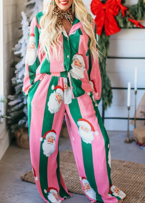Festive Santa Claus & Red Stripe Button-Down Woven Co-ord Set