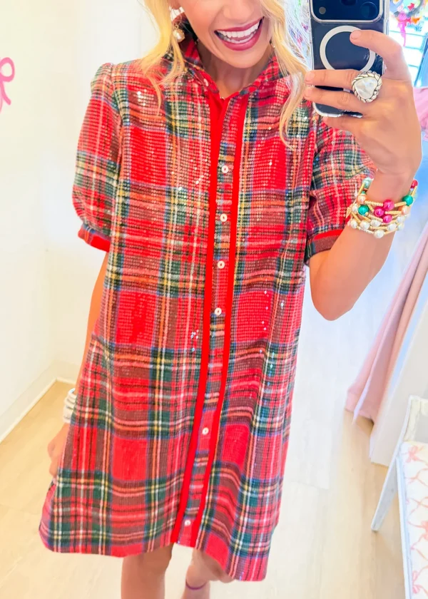 Festive Red Plaid Sequin Shirt Dress