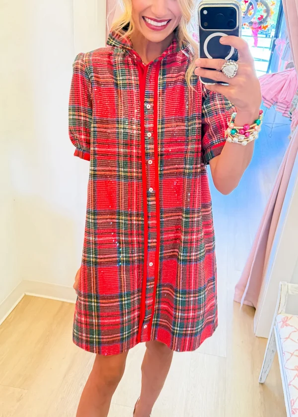 Festive Red Plaid Sequin Shirt Dress