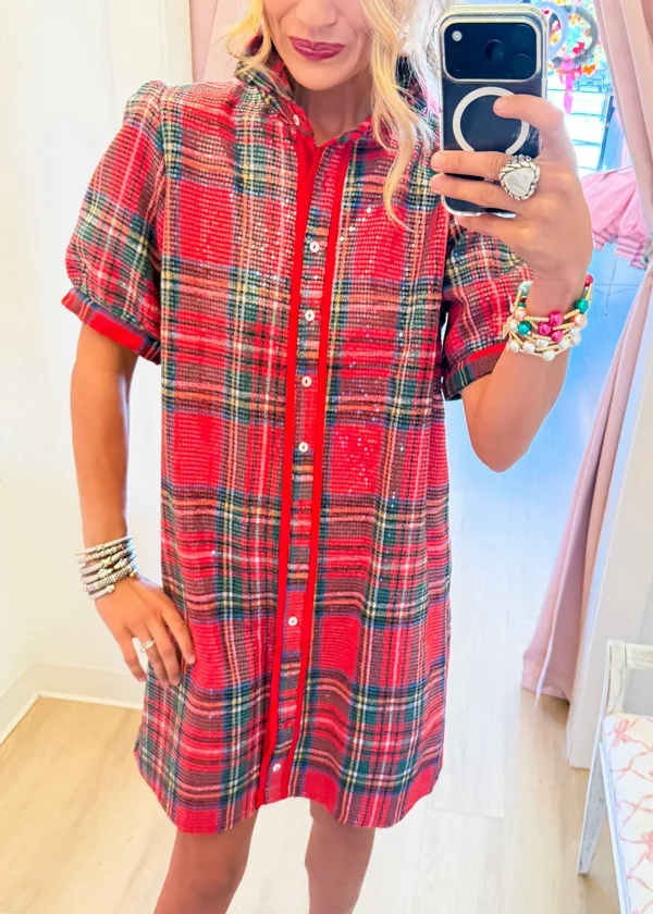 Festive Red Plaid Sequin Shirt Dress