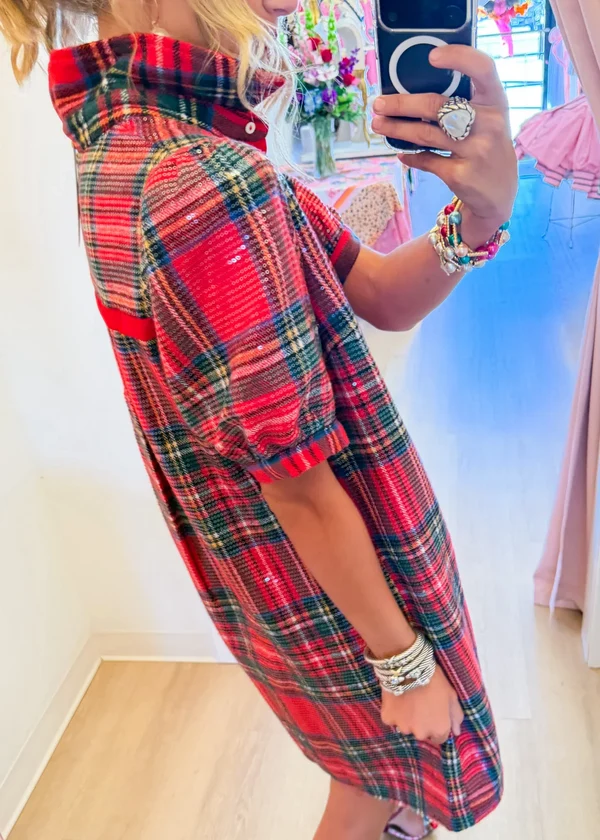 Festive Red Plaid Sequin Shirt Dress
