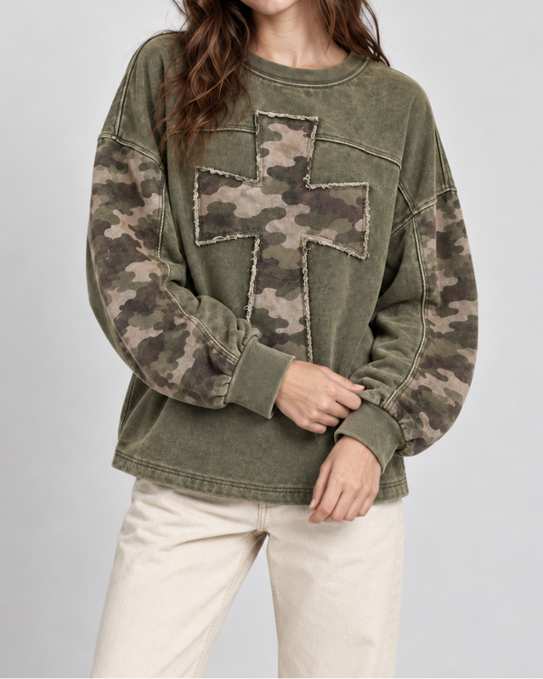 Vintage Wash Camo Cross Patchwork Long Sleeve Sweatshirt