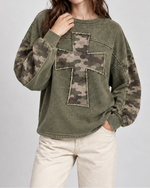 Vintage Wash Camo Cross Patchwork Long Sleeve Sweatshirt