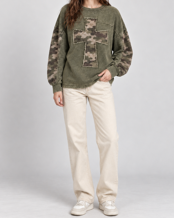 Vintage Wash Camo Cross Patchwork Long Sleeve Sweatshirt