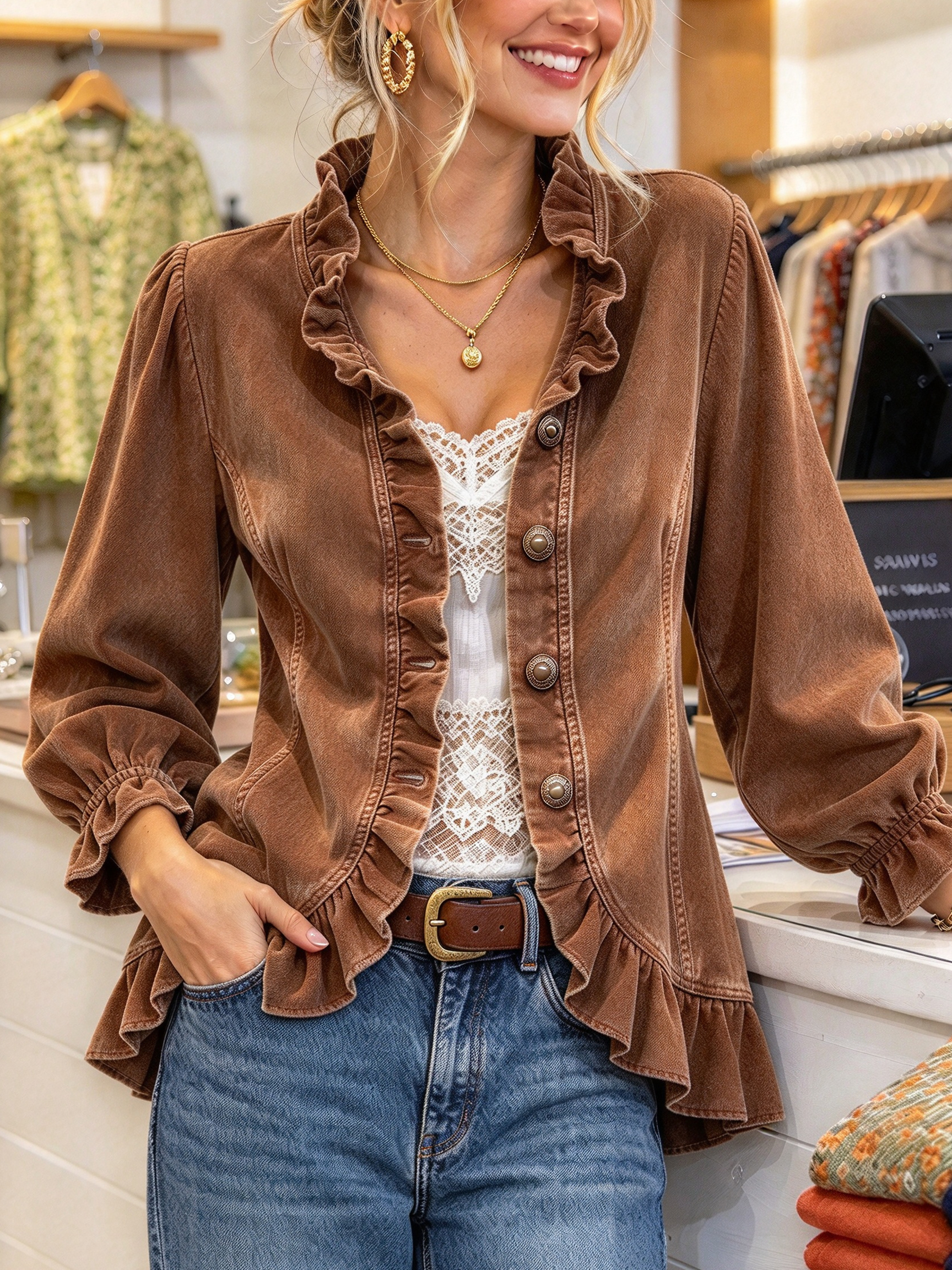 Vintage Ruffle Trim Woven Button-Down Jacket