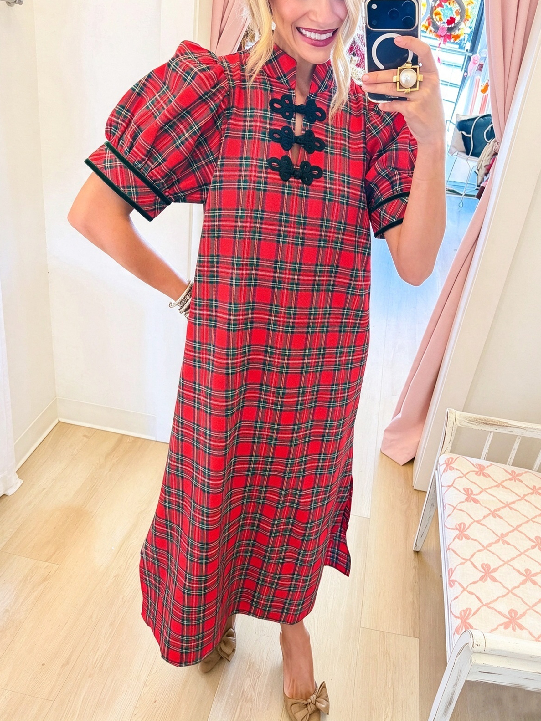 Red Plaid Mandarin Collar Puff Sleeve Midi Dress with Black Floral Frog Closures Detail