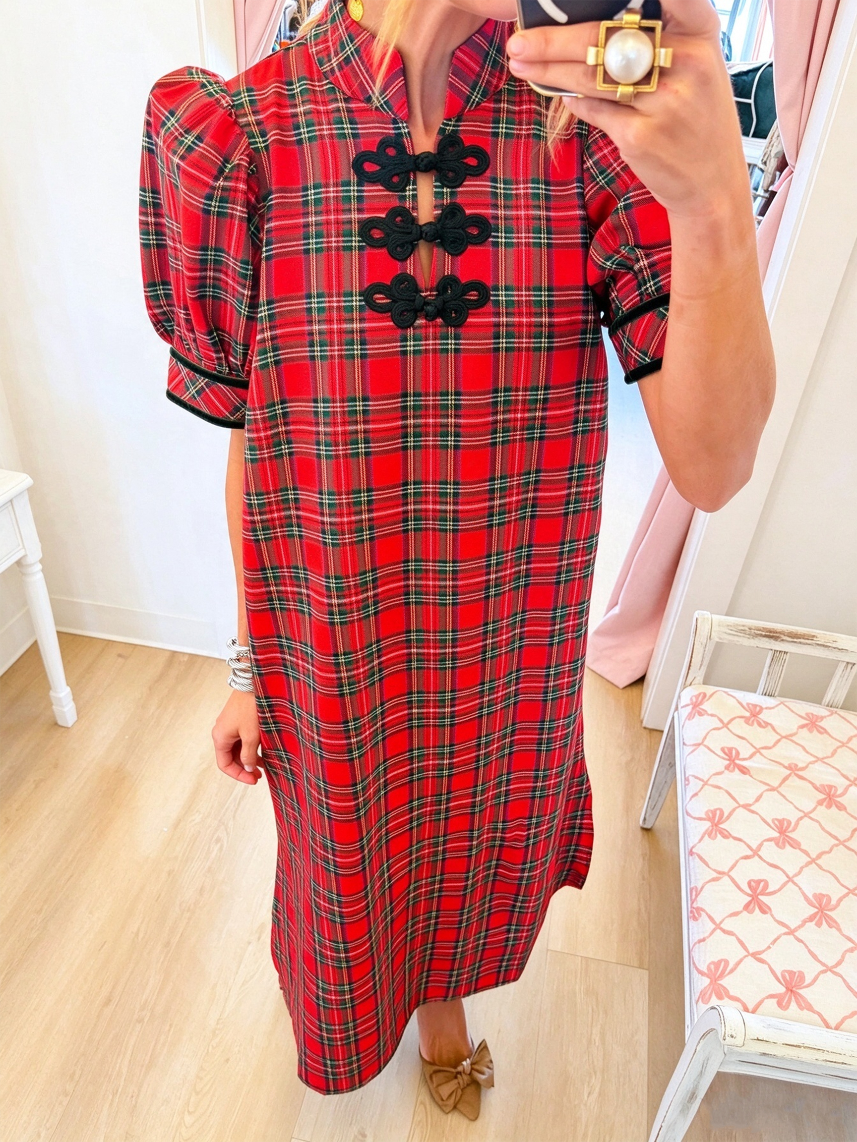 Red Plaid Mandarin Collar Puff Sleeve Midi Dress with Black Floral Frog Closures Detail