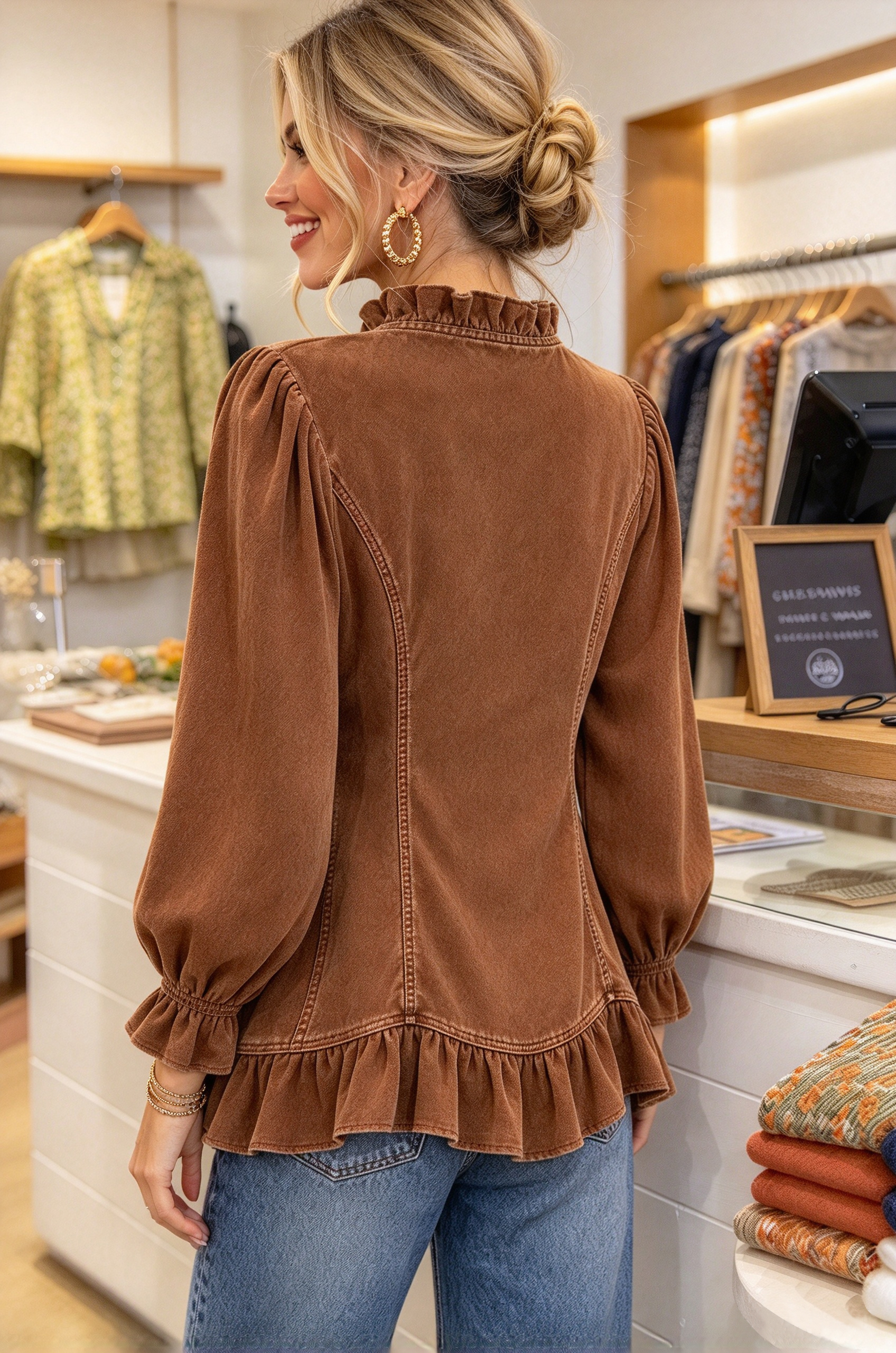 Vintage Ruffle Trim Woven Button-Down Jacket
