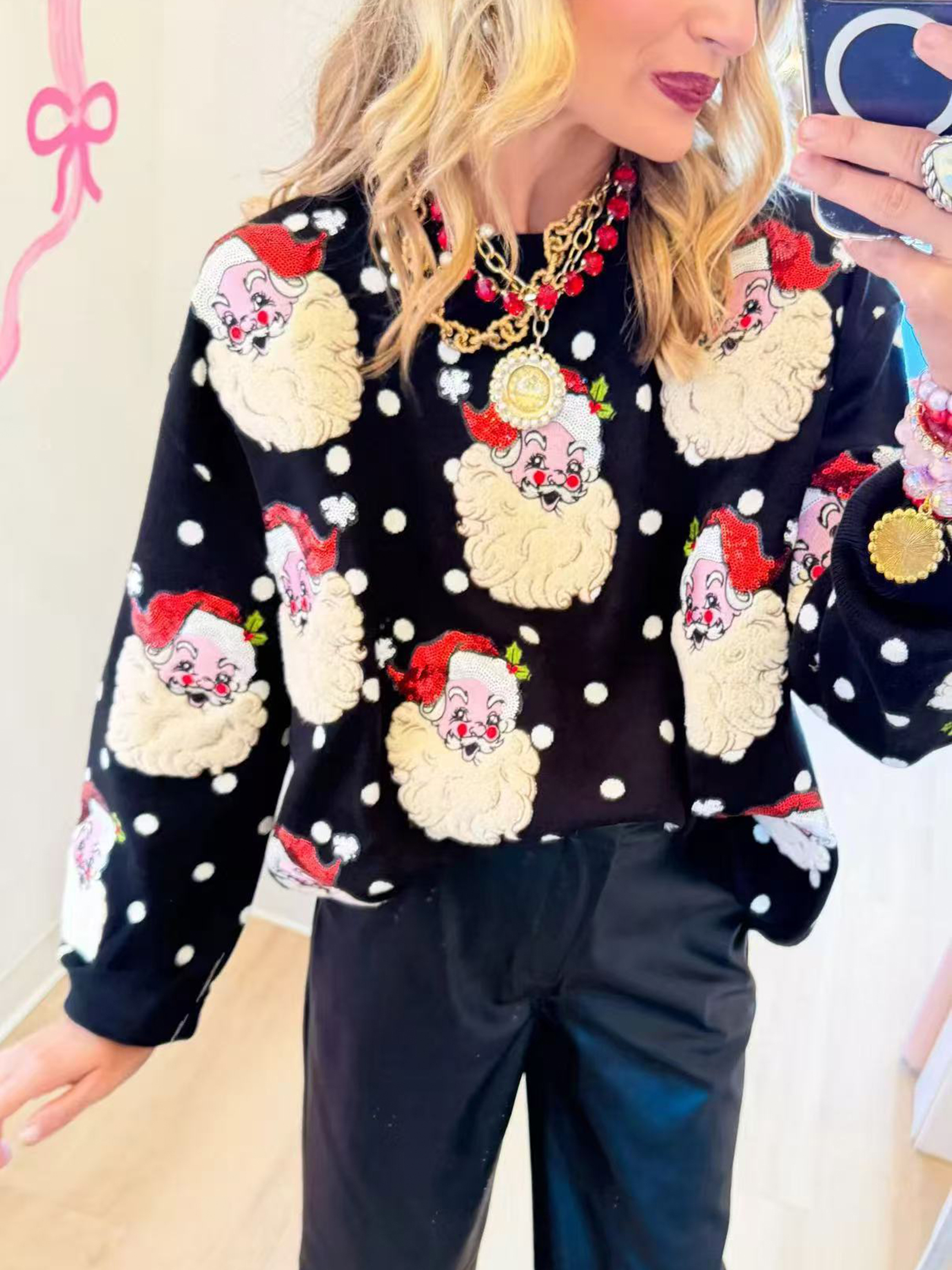 Retro Sequin Santa Face & Polka Dot Pullover Sweater