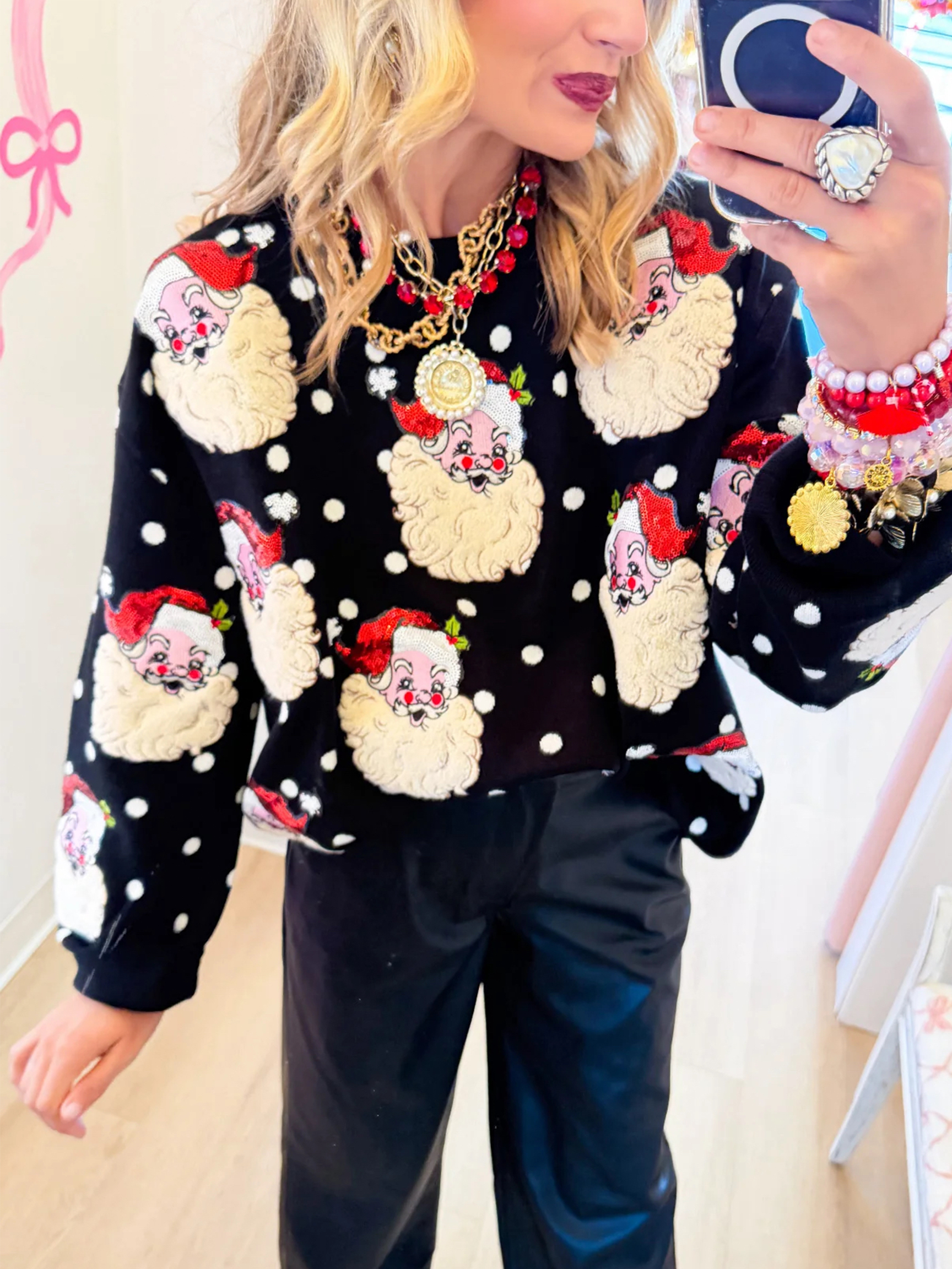 Retro Sequin Santa Face & Polka Dot Pullover Sweater